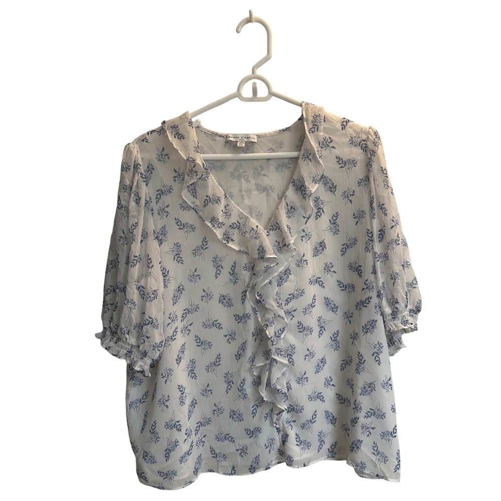 Maison d'Amélie Paris Floral Ruffle V-Neck Blouse Blue White XL Short Sleeve